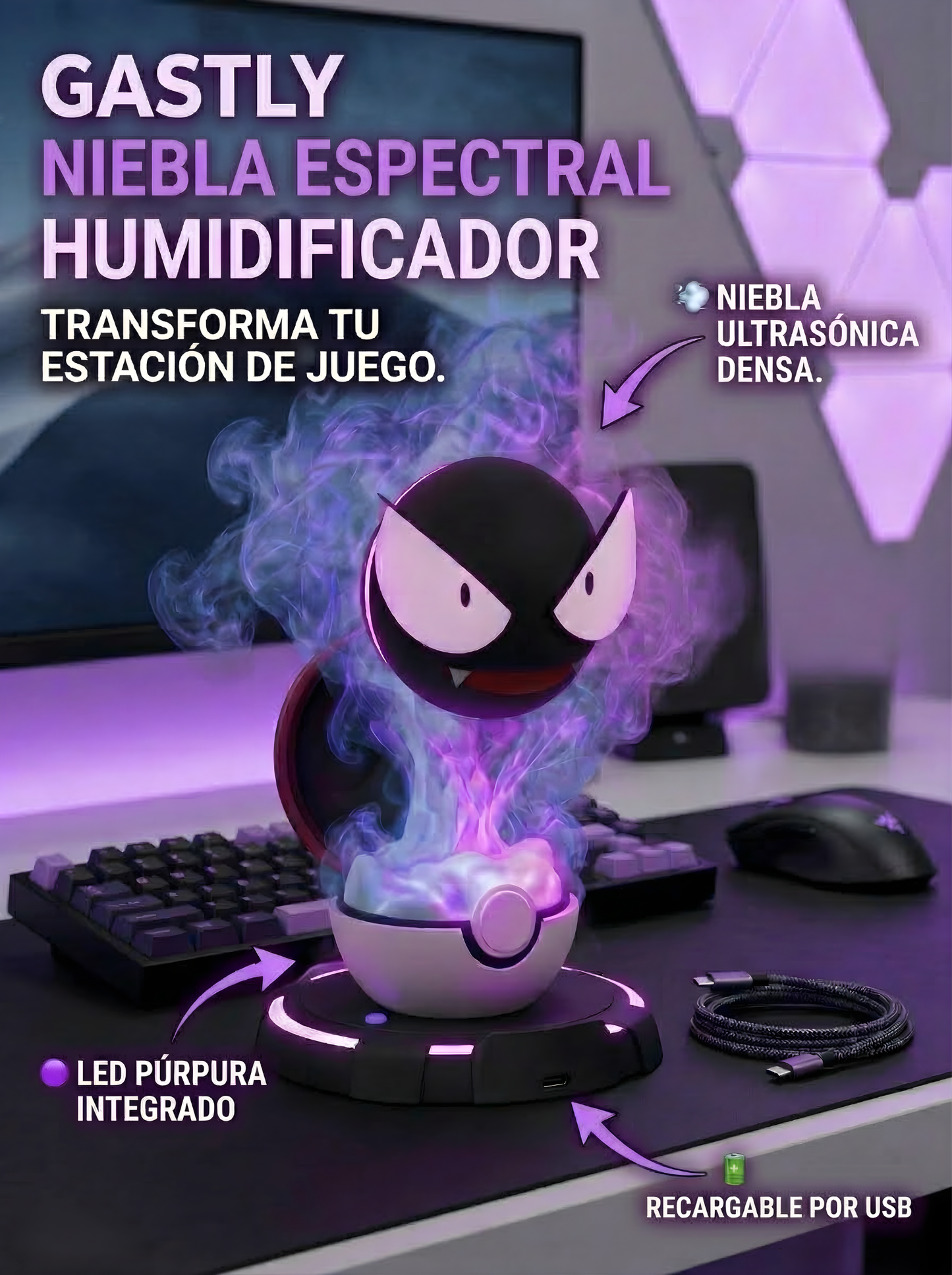 Gastly Humidifier — Niebla Real con LED Púrpura | Recargable